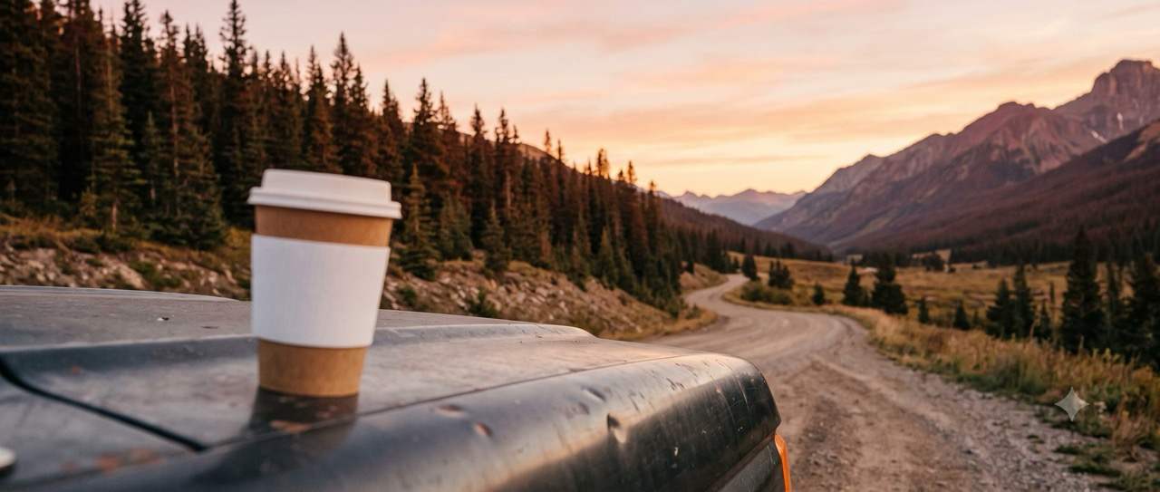 A Westside coffee on the truck hood, the road north at first light