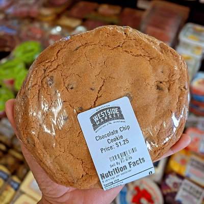 A fresh-baked Westside Market chocolate chip cookie